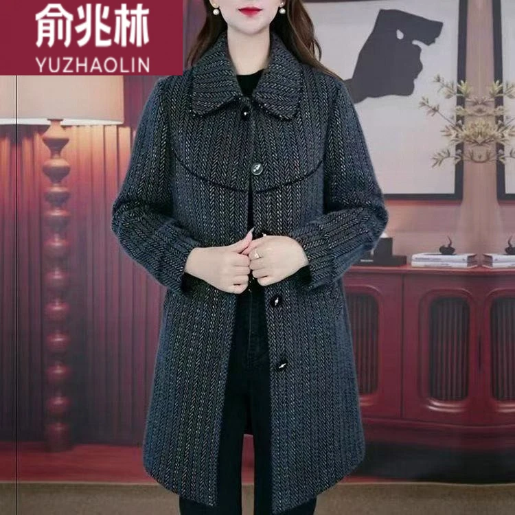 俞兆林妈妈装新款中长款时尚毛呢外套减龄秋冬大衣修身显瘦加厚百