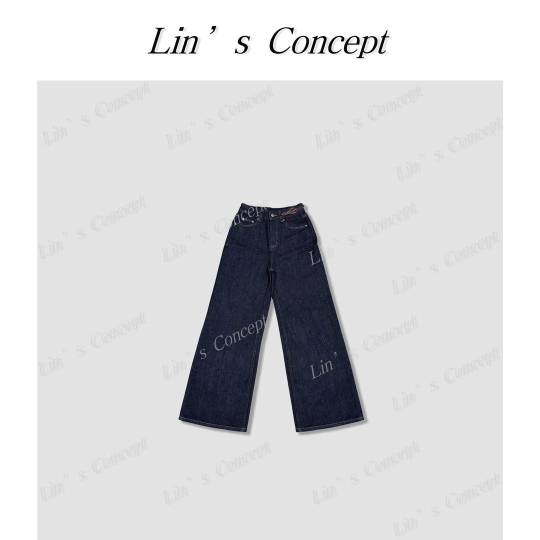 【Lin's concept】极简设计师款拼皮撞色蓝色牛仔裤 DL2404707