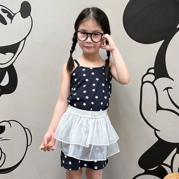 大金定制夏季新款藏青色五角星弹力棉感吊带裙女童韩系风吊带裙