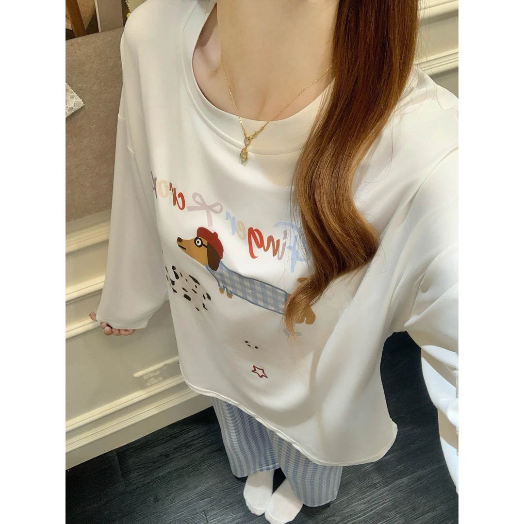 2025新款棉卡通印花甜美可爱T恤女春秋季宽松长袖原宿风睡衣套装