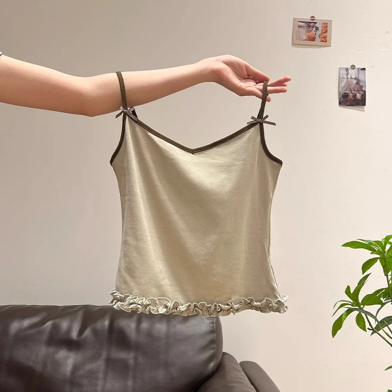 宽松木耳边撞色拼接蝴蝶结吊带小背心女2025夏季新款修身无袖上衣
