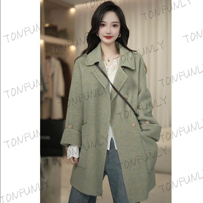 <鹤艺TONFUNLY>橄榄绿翻袖款马卡龙色系慵懒羊毛毛呢外套大衣