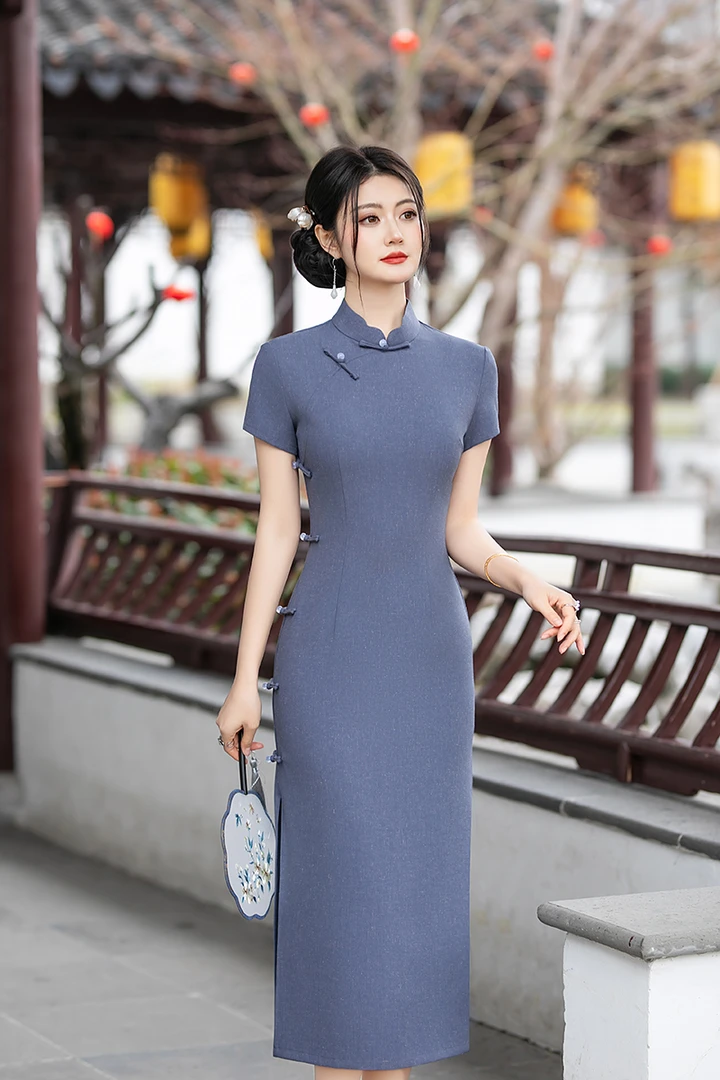 【25新款】雾霾蓝 精致改良旗袍复古连衣裙日常中国风民国风