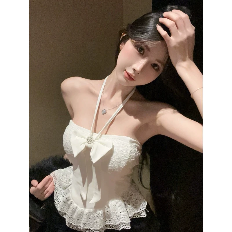 蕾丝吊带背心女外穿辣妹纯欲蝴蝶结挂脖抹胸带胸垫无袖内搭上衣