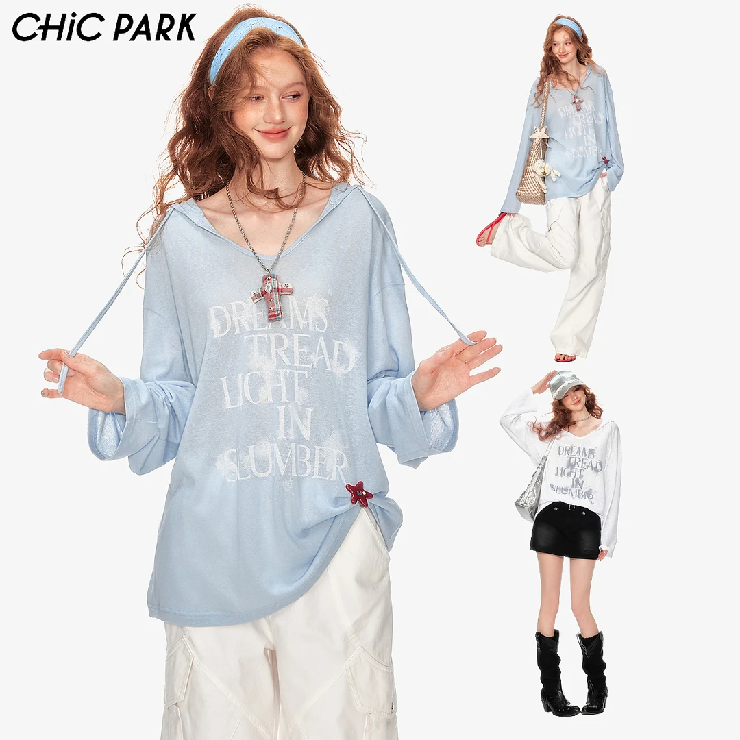 F002【马琦尧专属】CHiCPARK2025年薄款连帽宽松V领印花T恤