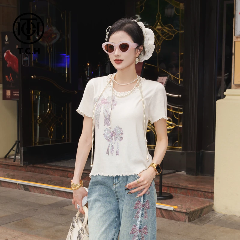 TCH私服烫钻工艺休闲时尚百搭宽松款针织T恤女T75A09E5083轻奢tch