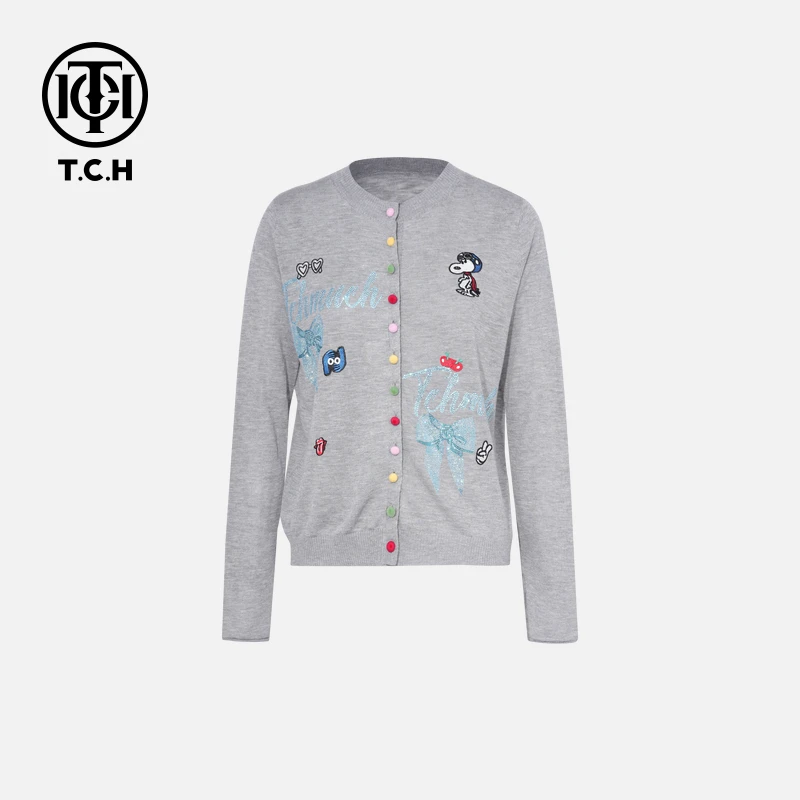 TCH烫钻工艺时尚休闲百搭卡通针织开衫女T75A43E5071轻奢女款长袖