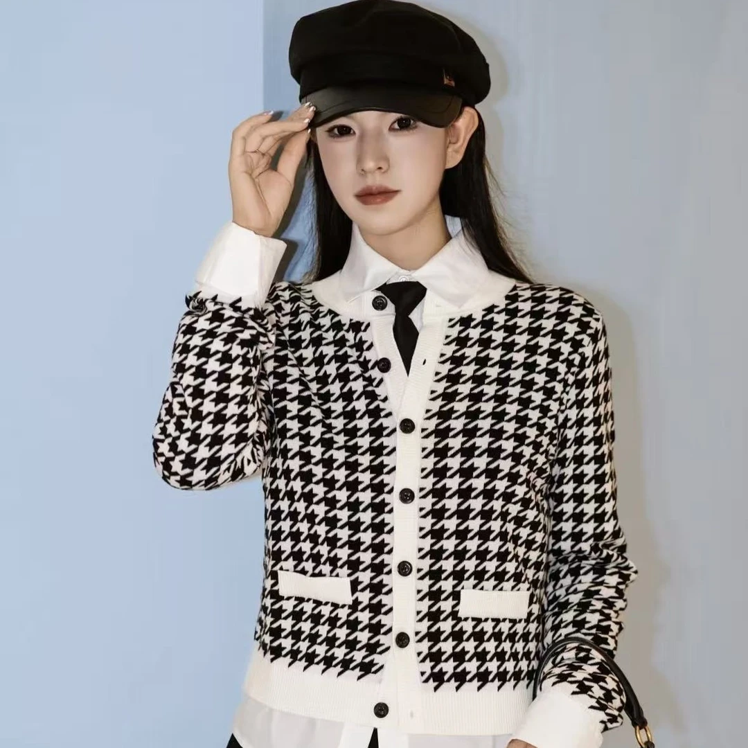GIRDEAR/哥弟2024新款千鸟格针织衫时尚百搭短款开衫外套1499243
