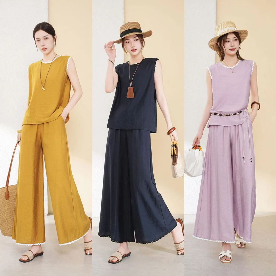 【运费补贴】2025夏季洋气显瘦无袖上衣加松紧腰休闲阔腿时尚套装