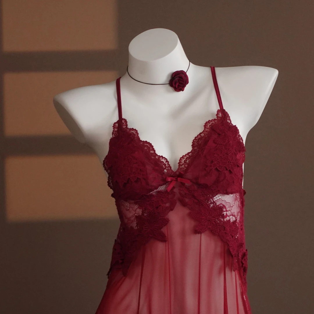 红颜【80-160斤】性感刺绣女士睡裙法式轻薄柔雾纱时尚蕾丝优雅