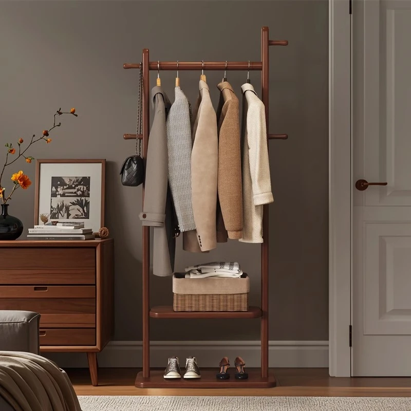 胡桃色实木挂衣架落地卧室防脱下的衣服室内晾衣架立式木质衣帽架