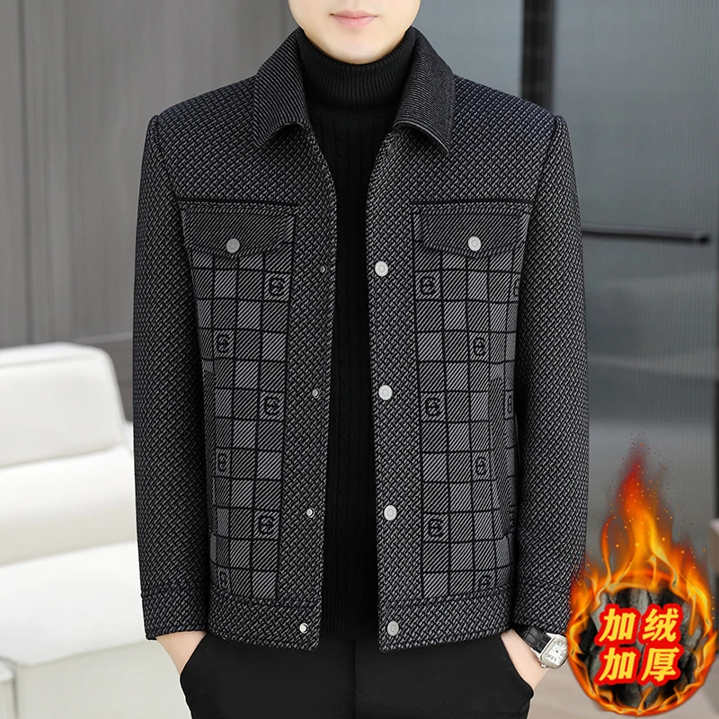 秋冬季新款男士外套加绒加厚毛呢大衣翻领格子短款呢子高级感男装