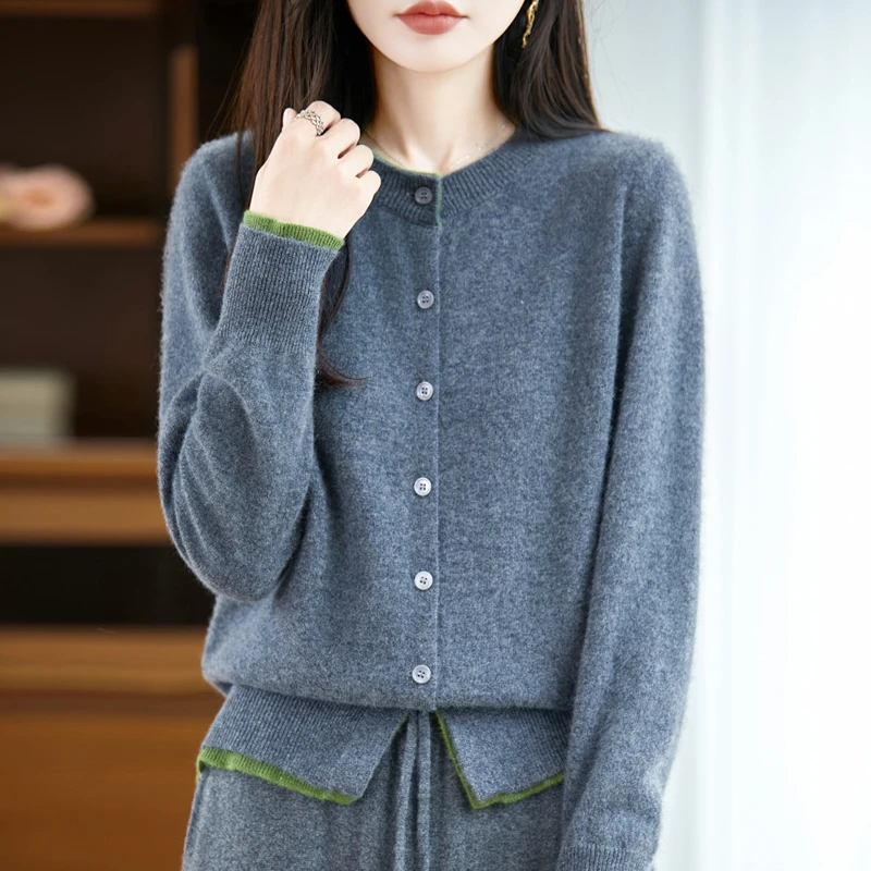 品牌女装秋冬新款纯羊毛衫撞色宽松女士毛针织开衫百搭上衣