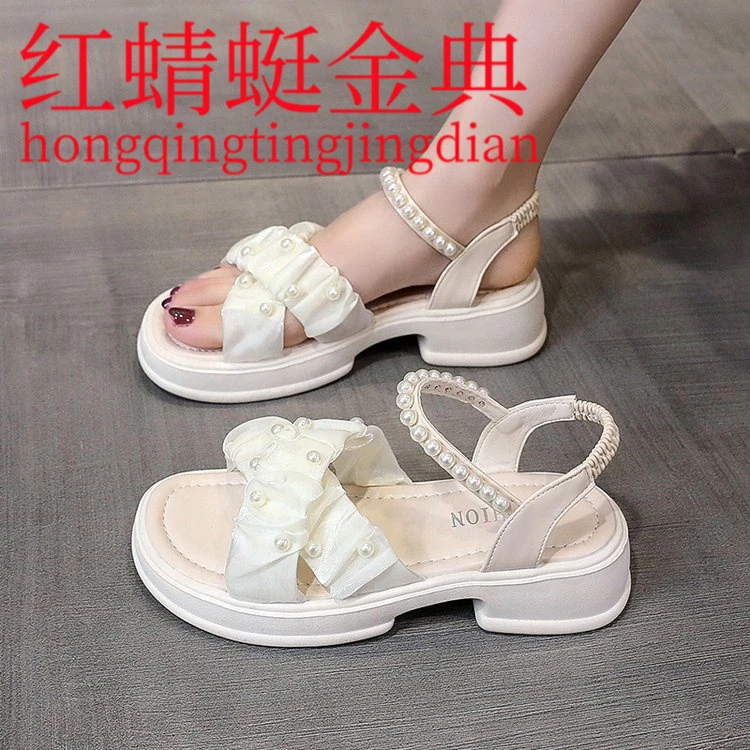 红蜻蜓金典爆款凉鞋女2025年夏季新款厚底仙女风珍珠沙滩鞋软底时