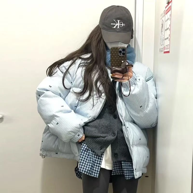 条纹蝴蝶结棉服外套女2025冬季新款夹棉加厚保暖长袖棉衣立领棉袄