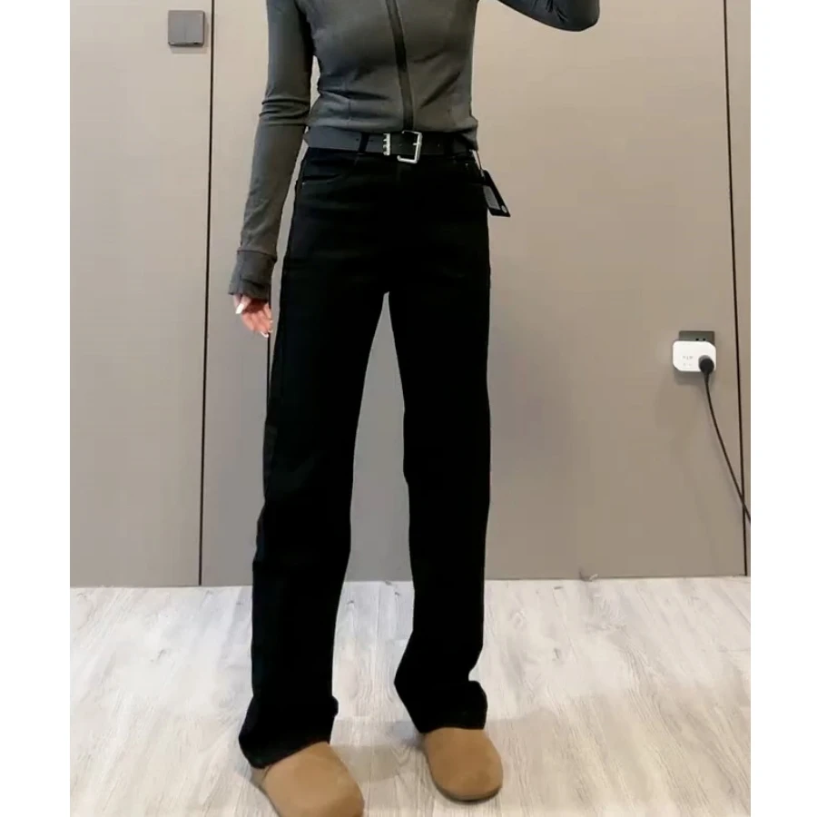 黑色加绒加厚大码秋冬高腰弹力直筒牛仔裤胖mm显瘦窄版阔腿长裤子