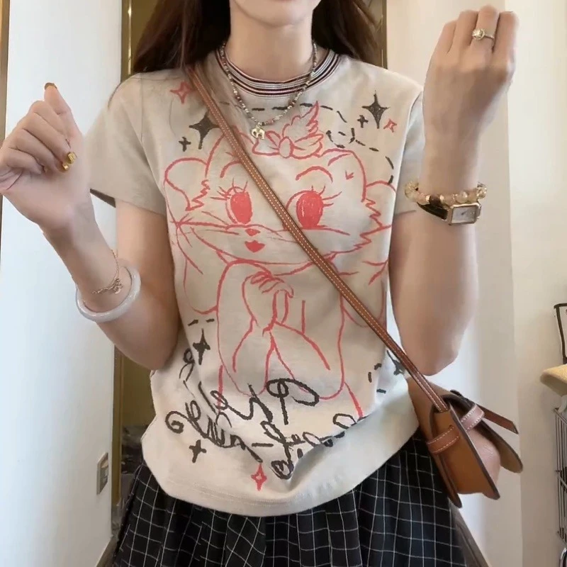 【公主猫咪】2025夏季时尚百搭设计款卡通猫咪印花短袖LK2503083