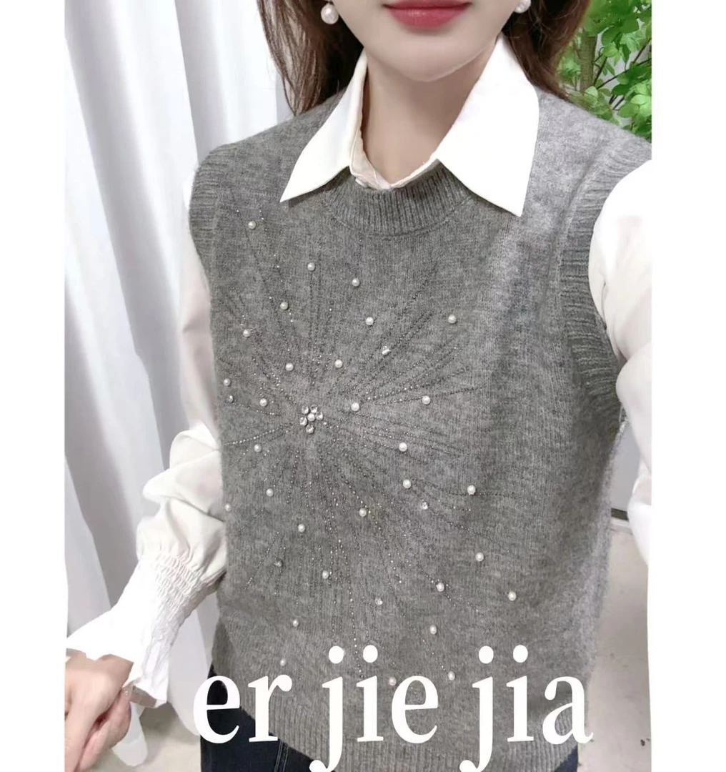 007#圆领高级感定珠精致百搭背心女新款秋冬叠穿坎肩毛衣内搭上衣