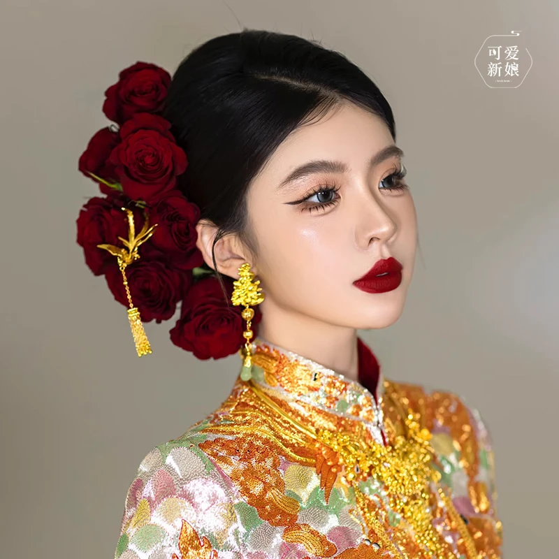 新中式玫瑰花复古高级感新娘晨袍旗袍龙凤褂百搭头饰20250329