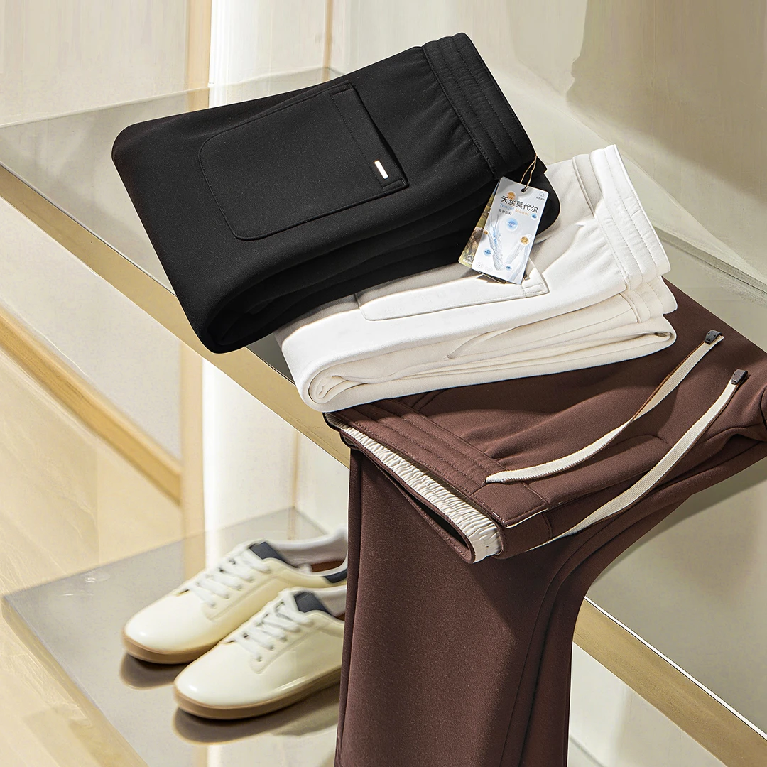 冬季老钱风加厚保暖磨毛空气层莫代尔时尚男士纯色运动直筒休闲裤