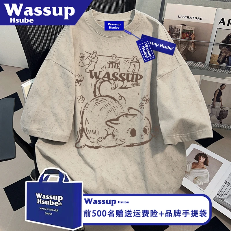 WASSUP HSUBE夏卡其蜡染纯棉上衣ins可爱卡通小猫印花短袖男女T恤