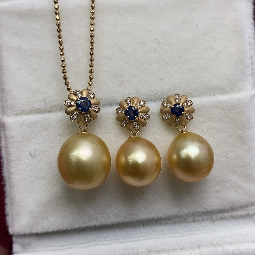 海水珍珠耳饰18K金镶嵌吊坠加耳钉18k金蓝 宝钻 石镶嵌