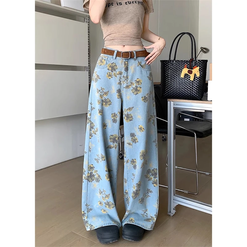 蓝色设计感花朵印花阔腿牛仔裤女2025秋季小众别致宽松高腰长裤子