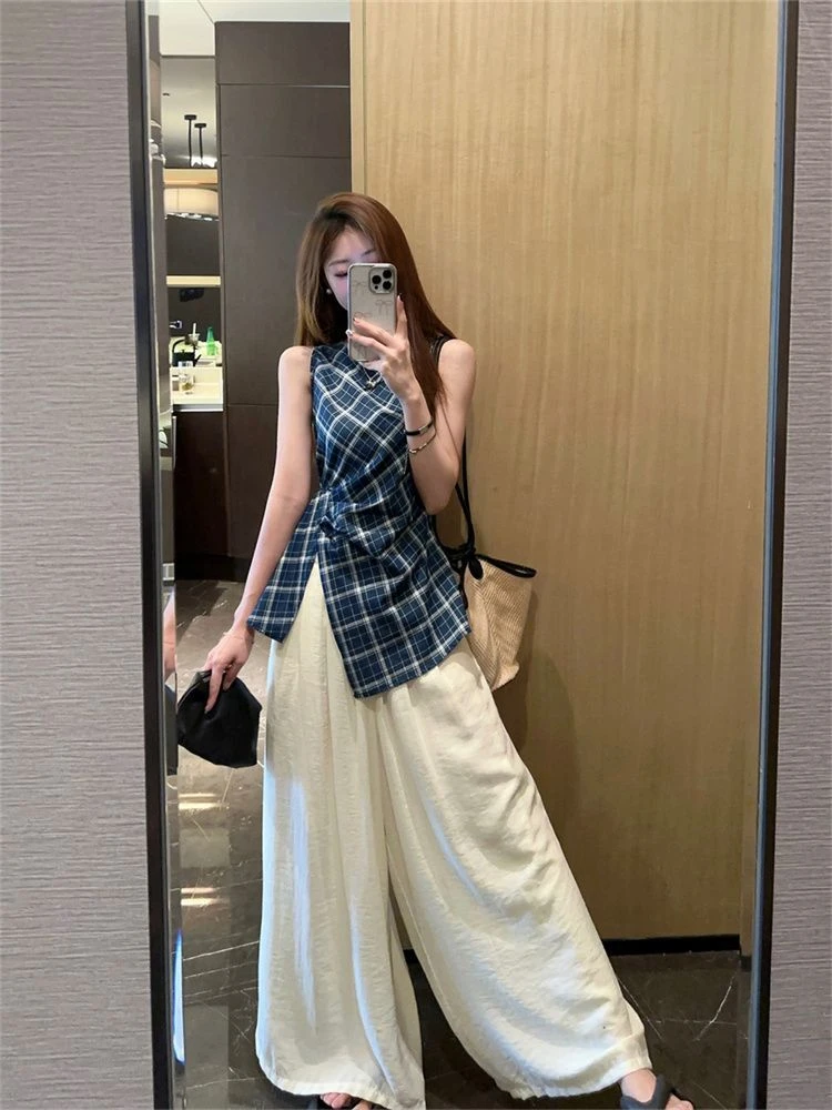 法式复古格子无袖背心女夏季修身显瘦小众设计感掐腰开叉上衣外穿