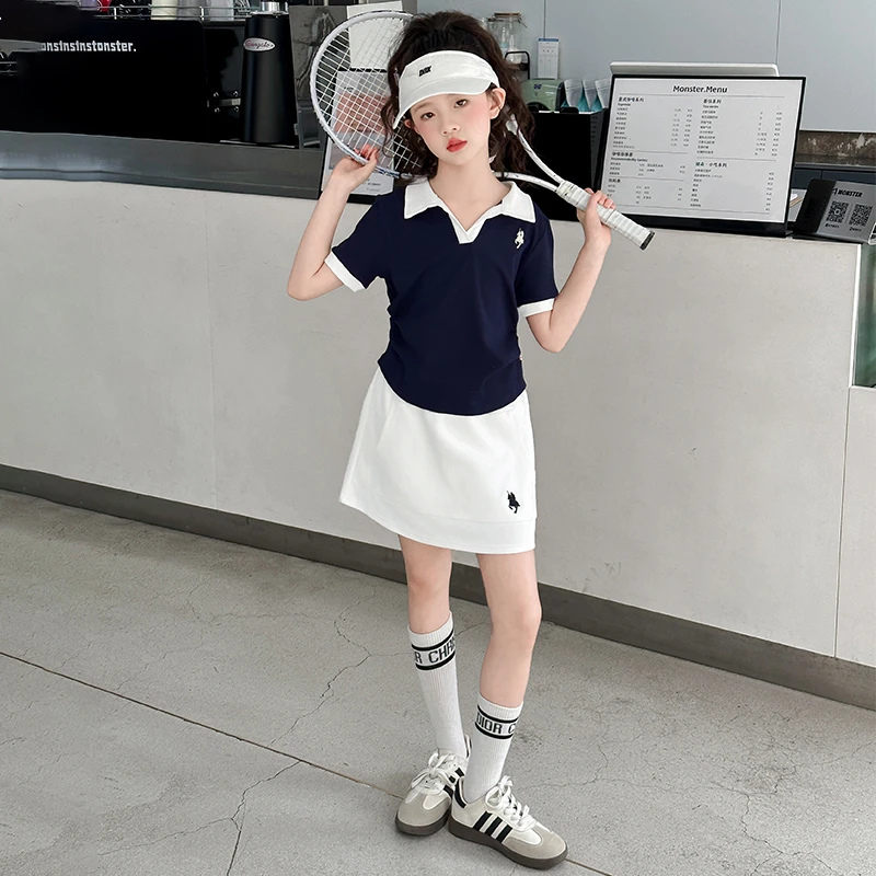 女童运动套装夏款洋气拼色T恤防走光半身裙两件套儿童短袖衣服潮