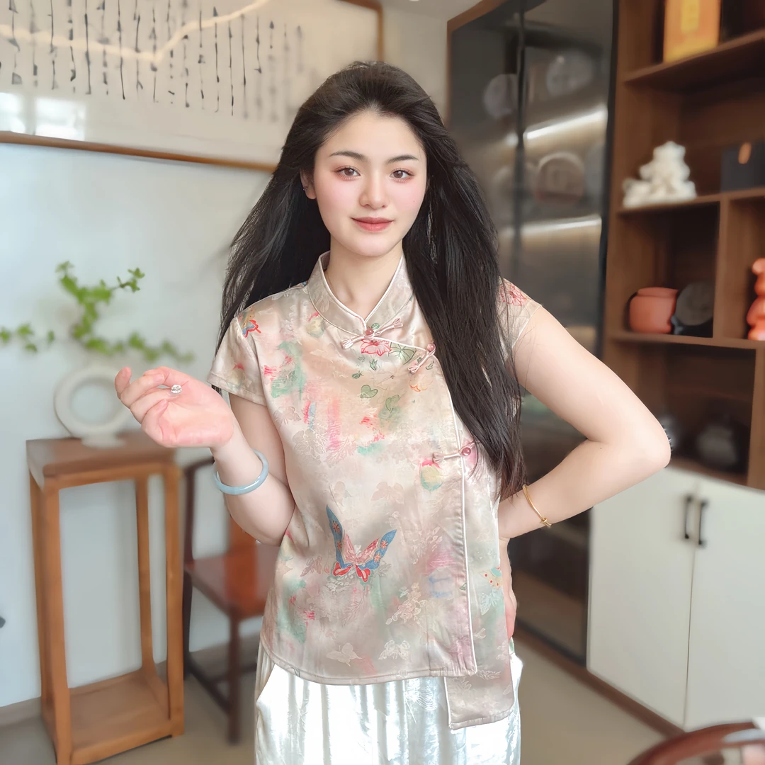 【荷塘月色】新中式国风常规款夏季印染短袖宽松型衬衫宽松春夏上衣