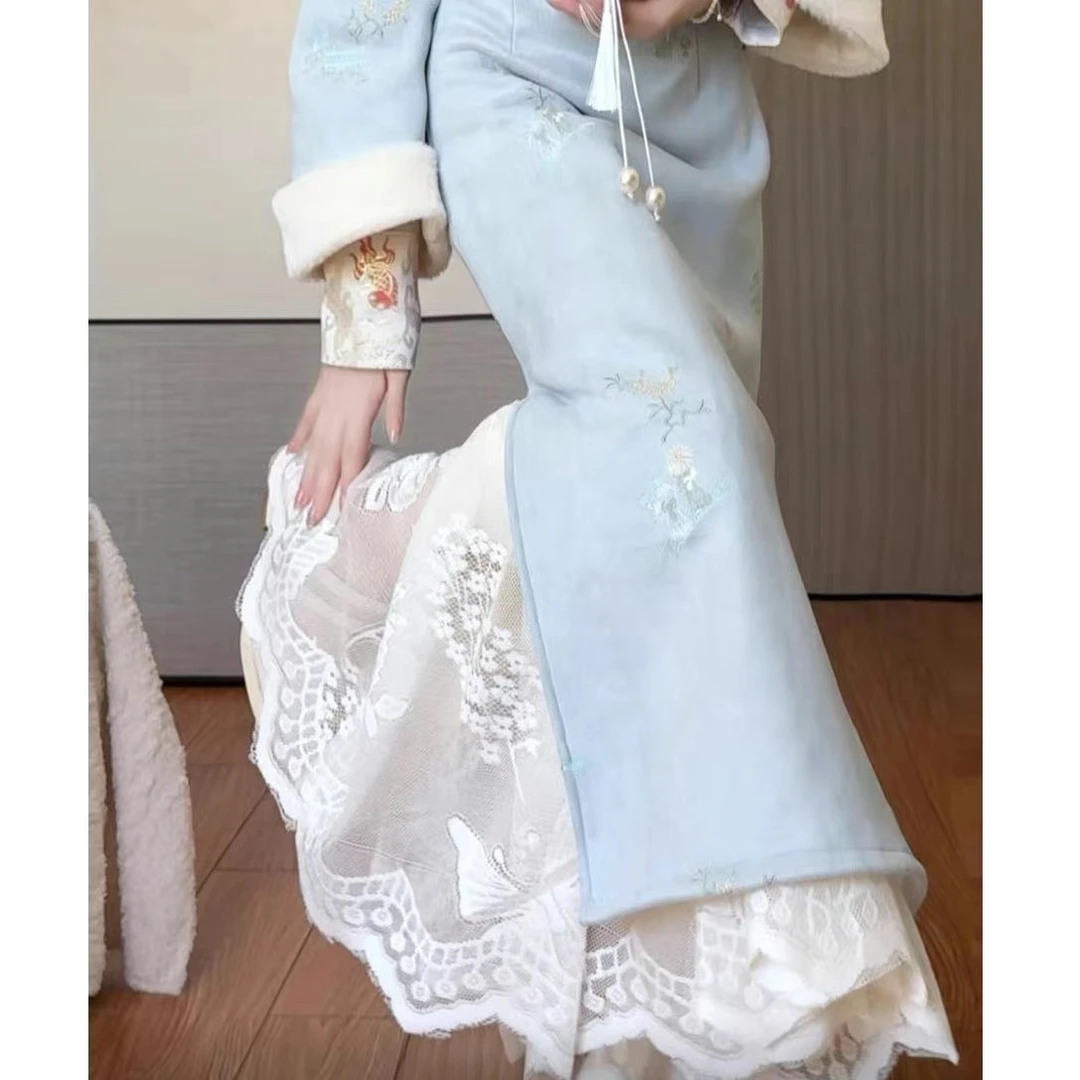 新中式复古衬裙旗袍内搭蕾丝衬裙打底蕾丝旗袍搭配中长款半身裙