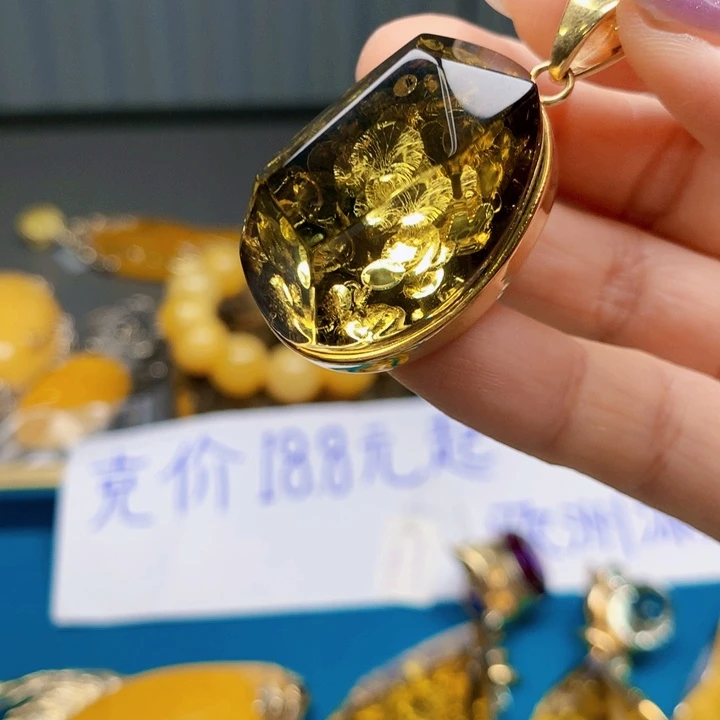 琥珀颈饰银S925镀金镶嵌波兰设计款琥珀蜜蜡