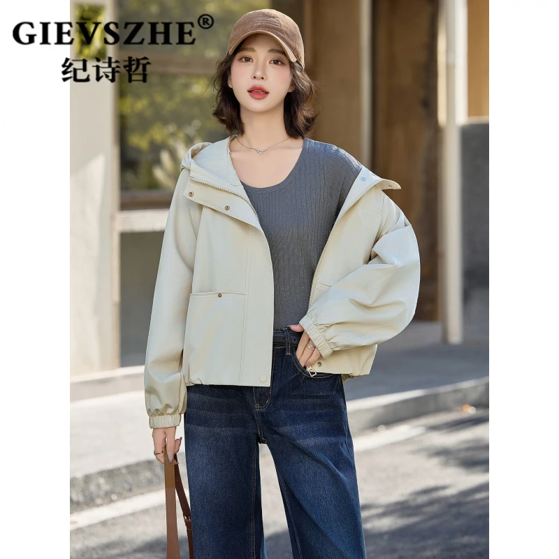 纪诗哲休闲连帽风衣外套女2025秋季新款百搭长袖宽松短款夹克上衣