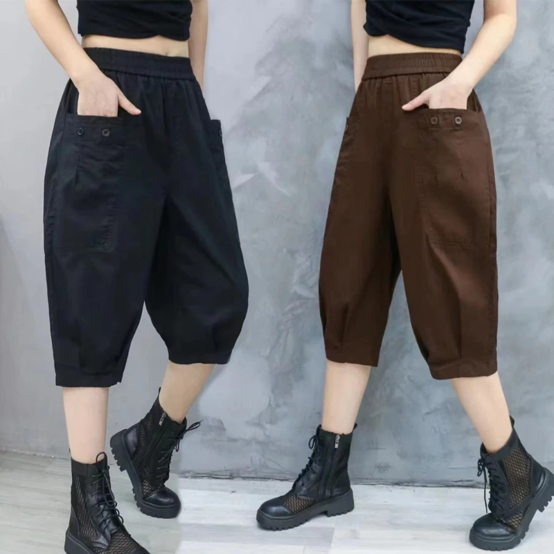 夏季薄款纯色七分休闲裤女松紧腰宽松显瘦百搭纯棉空调裤子哈伦裤