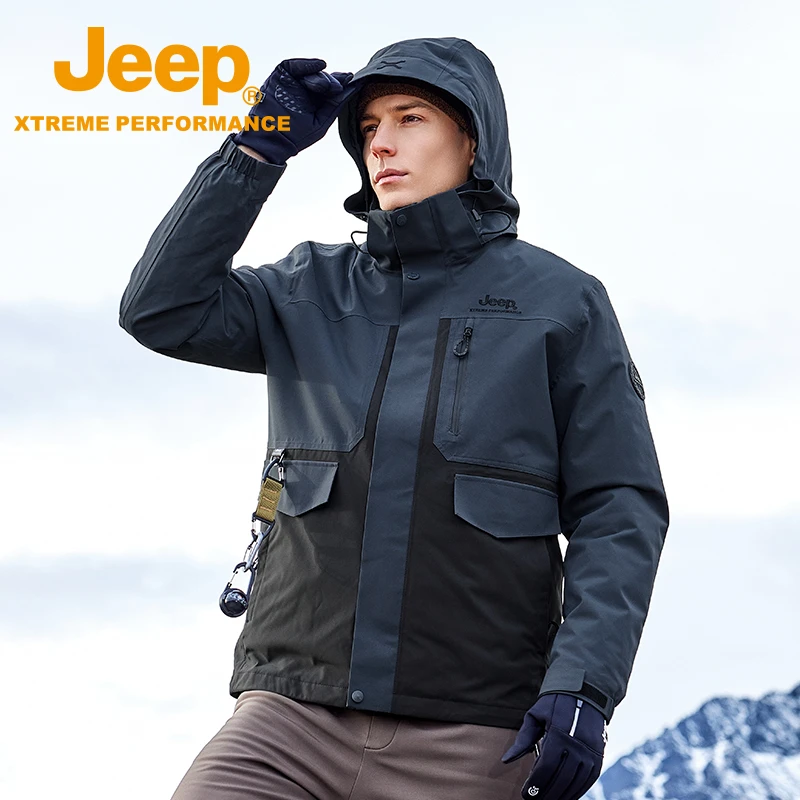 JEEP/吉普男式保暖冲锋衣羽绒两件套加厚连帽休闲秋冬工装防风