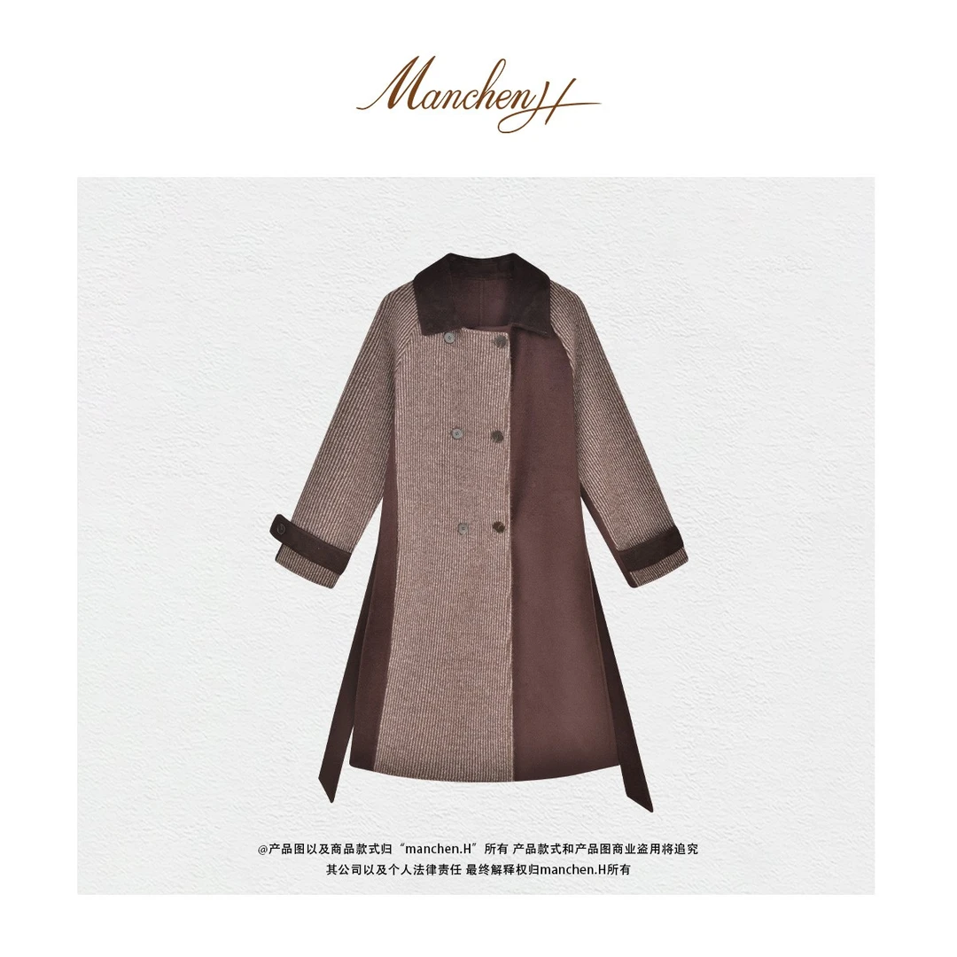 曼辰manchenh"缪斯法典"重磅针织拼羊绒羊毛桑蚕丝双面呢大衣