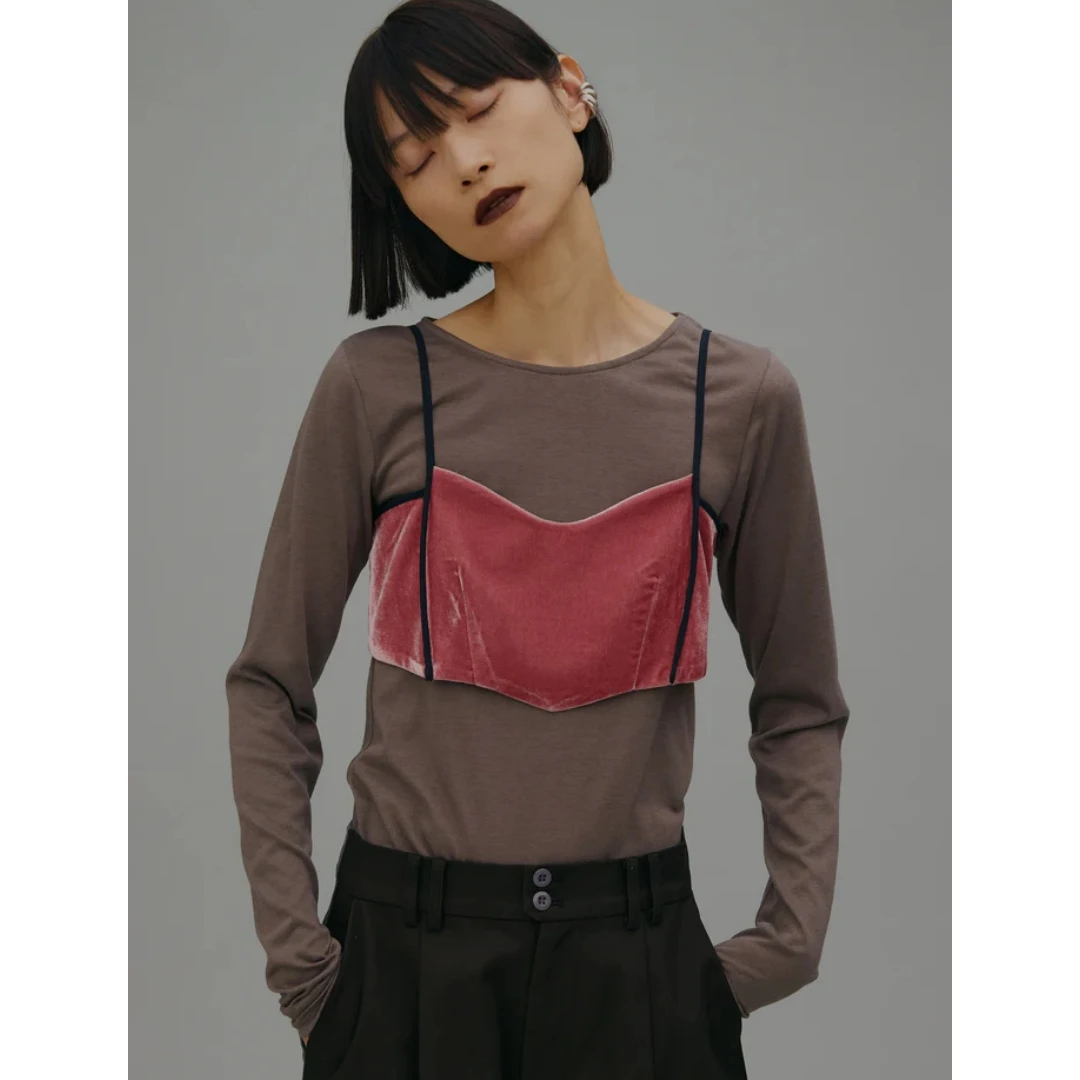 【MonTendre】春季新款 代 时尚不规则褶皱设计丝绒抹胸+打底衫上衣