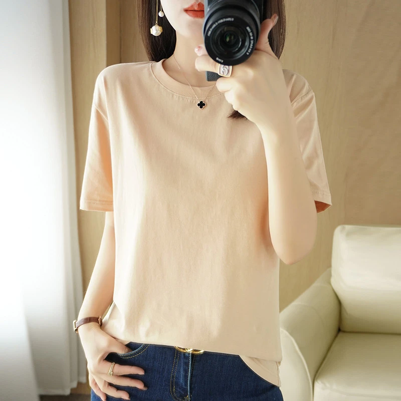 火爆高档面料莱卡棉圆领短袖T恤女2025年夏季新款纯色休闲百搭纯