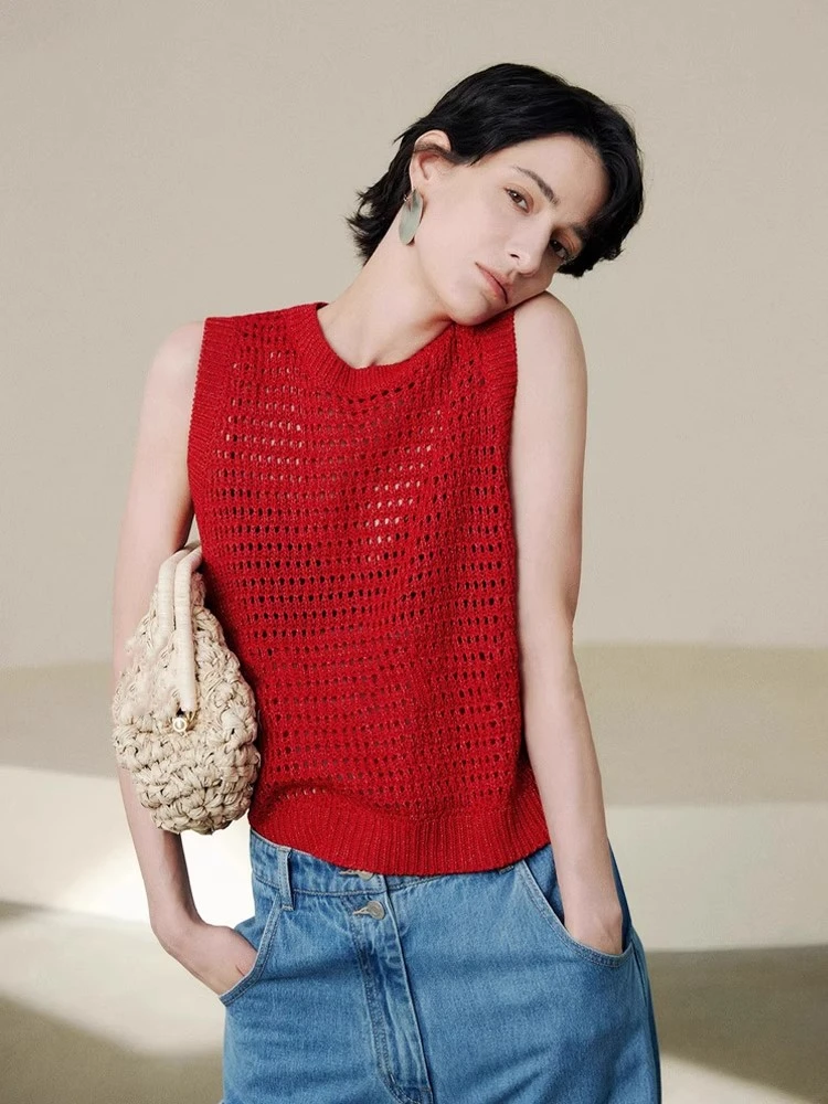 法式别致镂空红色冰丝针织小背心女夏季外穿宽松坎肩无袖t恤上衣