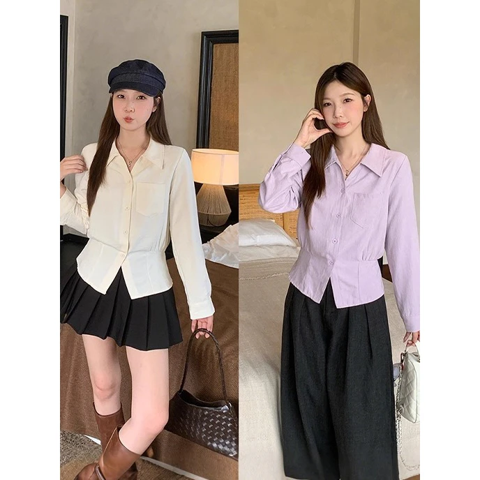 大码胖MM设计感翻领长袖衬衫女早秋新款百搭收腰显瘦小众打底上衣