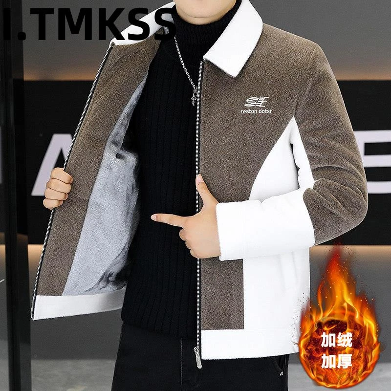呢子大衣男士2026秋冬季翻领潮牌拼色加绒夹克青中年短款毛呢外套