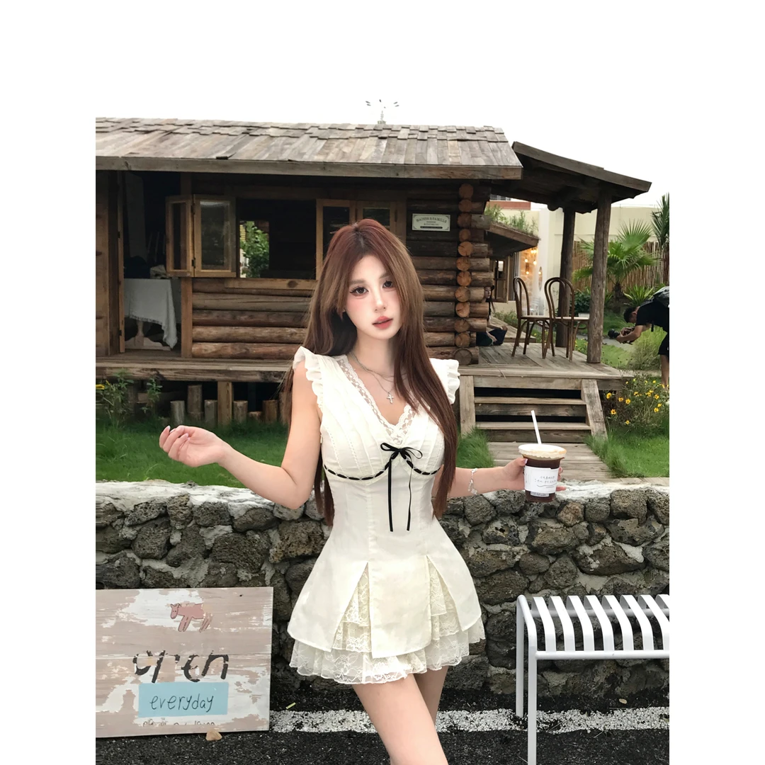 Mejiu蜜九【云端漫步】连衣裙小个子设计感纯欲辣妹假两件蕾丝短裙