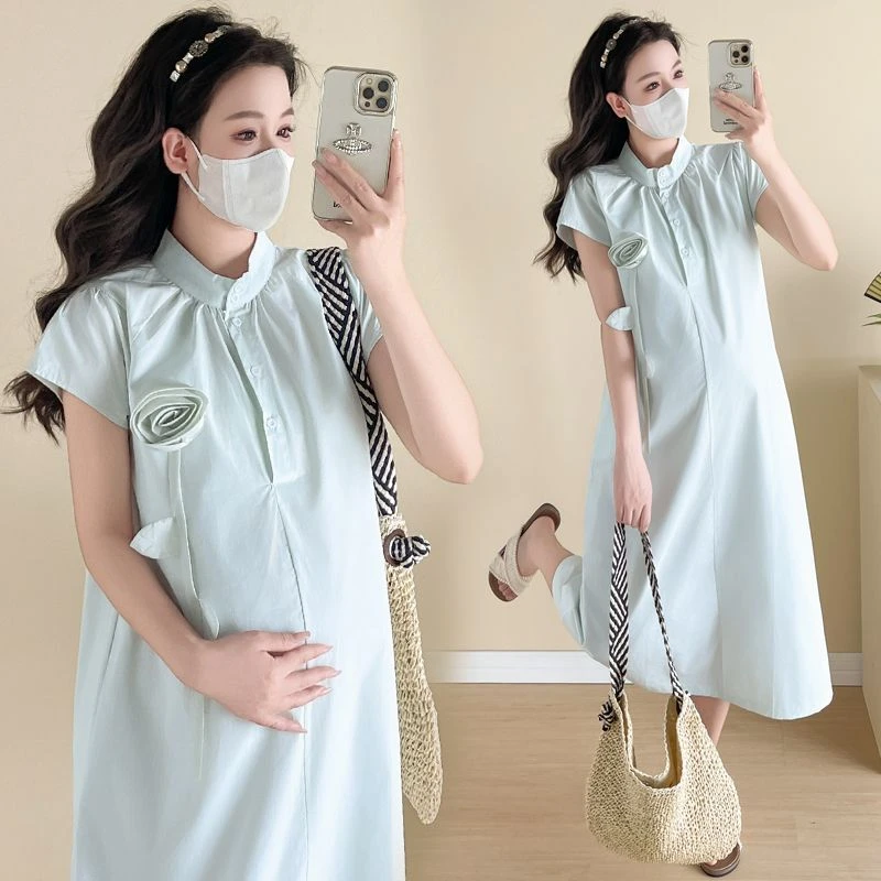 孕妇装2025新夏款淑女优雅立体花朵宽松大码遮肚中长款连衣裙