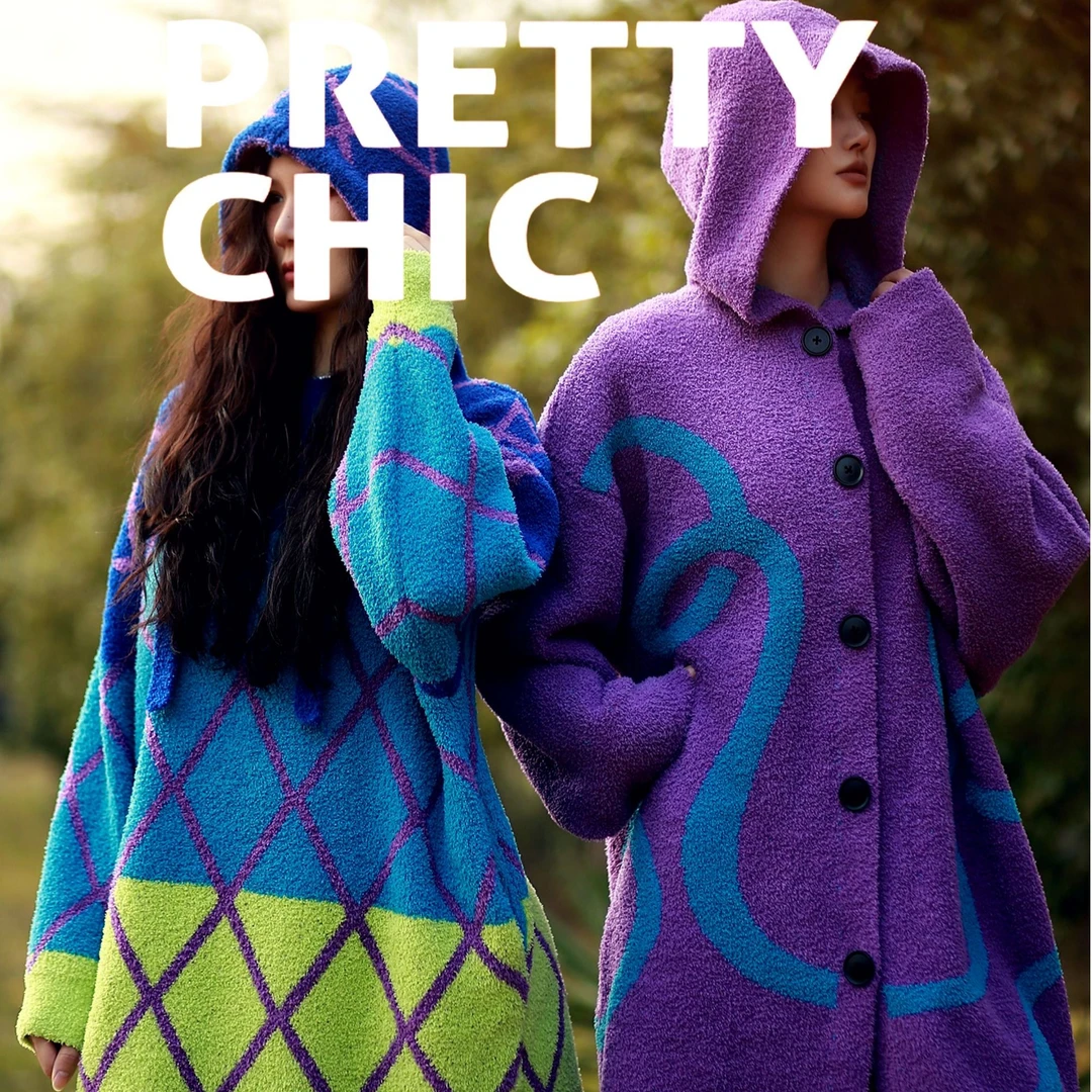 艺术鸭原创拼色套头半边绒家居服宽松印花长款秋冬加厚