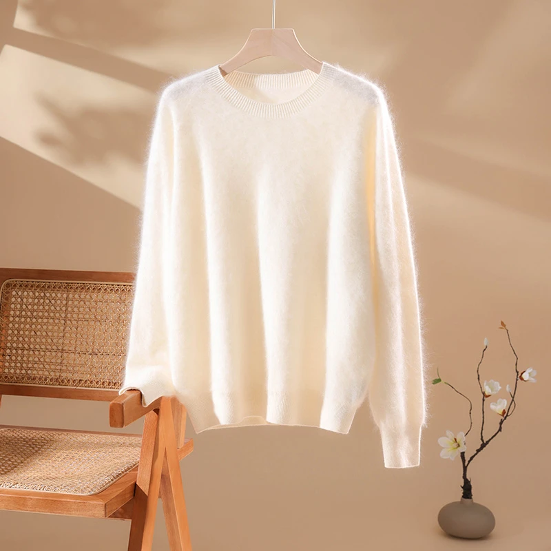 100%纯羊毛圆领纯色水洗拉绒针织衫女士宽松保暖御寒拉毛羊毛衫