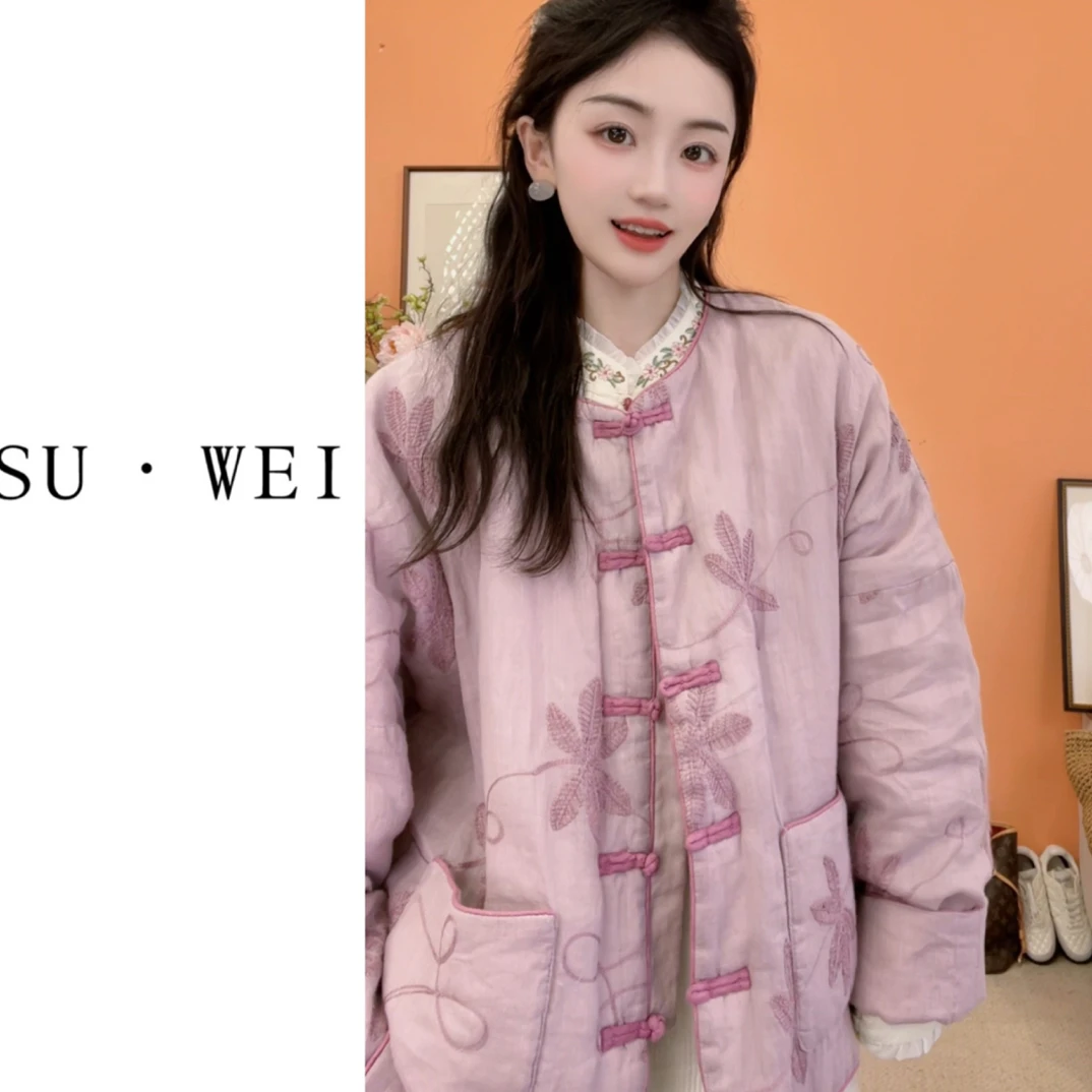 9186国风中式盘扣刺绣苎麻女士秋冬百搭棉衣外套