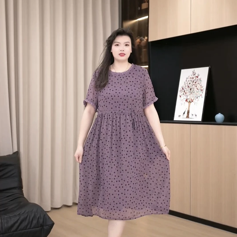 胖依依大码女装新款高端宽松气质时尚圆领休闲印花连衣裙230833