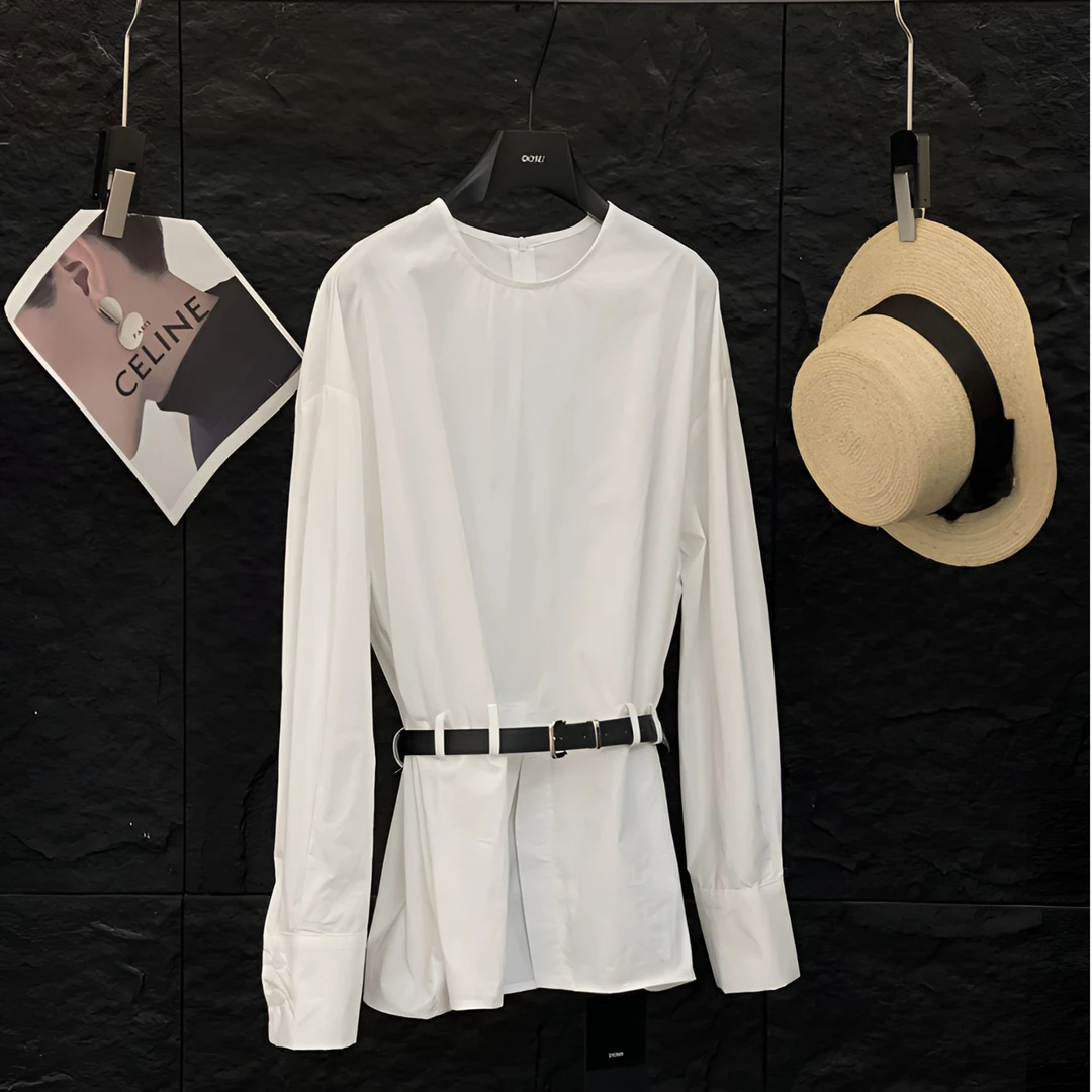 89105设计款春季收腰配送牛皮腰带设计感长袖衬衫时尚百搭圆领