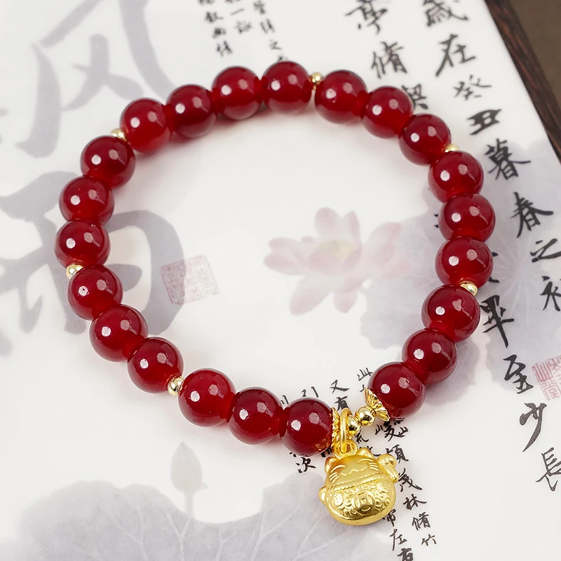 非金属玻璃手链 原创设计红色本命年招财小猫手链-Y0761