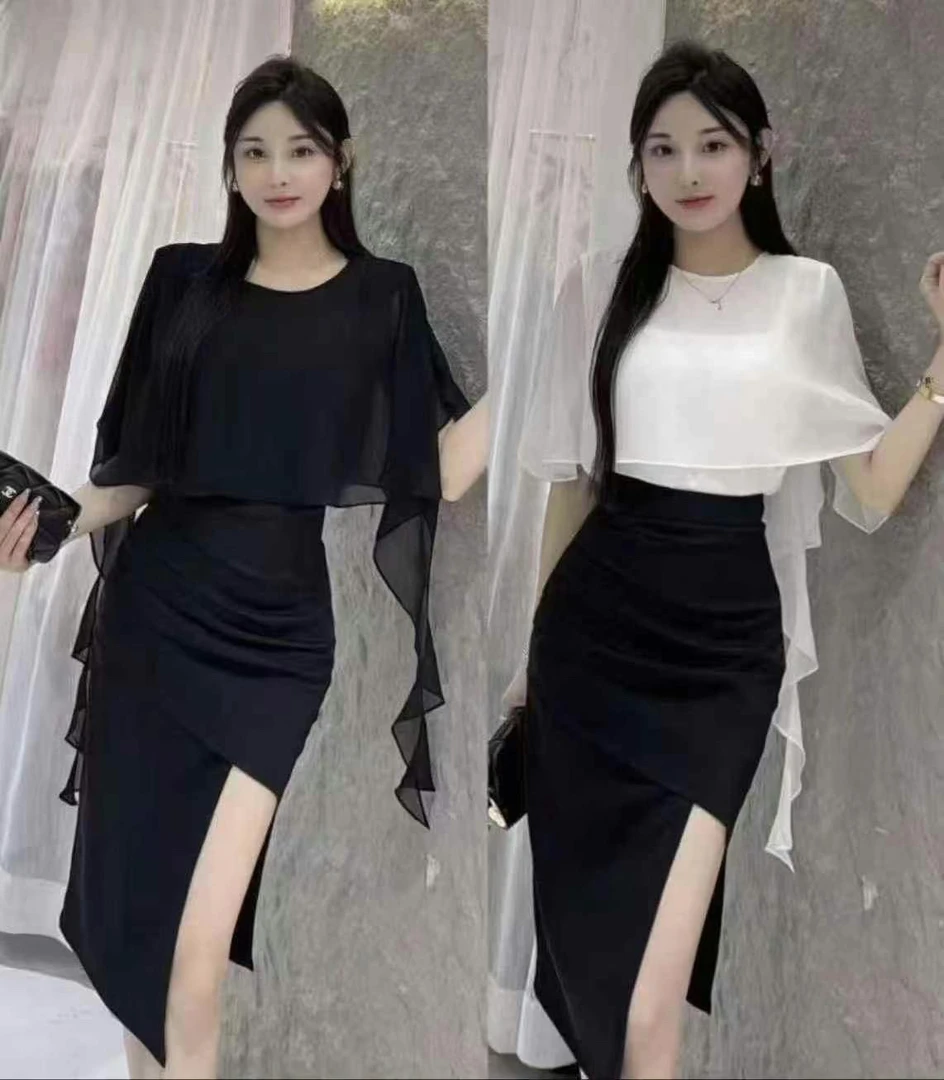 鑫丽铭黑白色飘带上衣s103